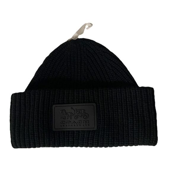 NEW WITHOUT TAG  COACH Wool Bland Ribbed Knit Logo Patch Beanie Black - Picture 2 of 4